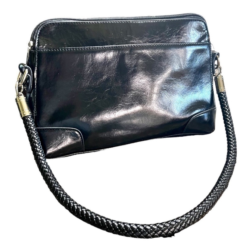 LUXURIOUS, BLACK, NWOT, HARVE’ BENARD LEATHER PURSE. BRAIDED SHOULDER STRAP.